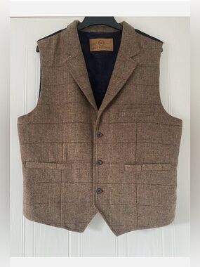 Men’s NIFTY GENIUS Tweed Style Brown Windowpane Waistcoat Large BNWT